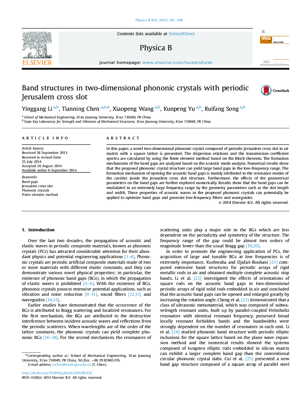 Band structures in two-dimensional phononic crystals with periodic Jerusalem cross slot