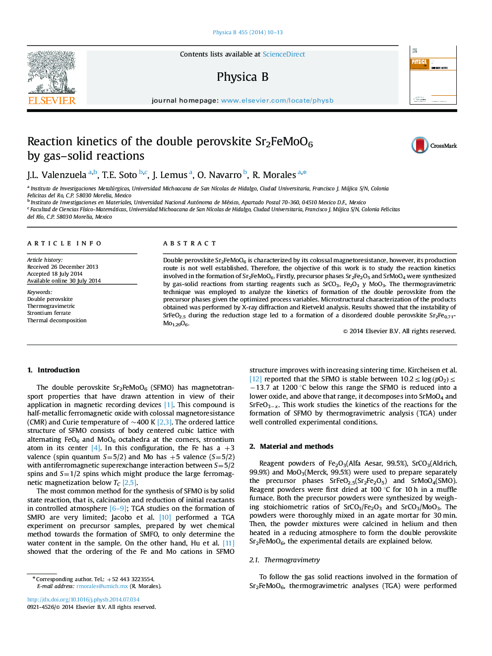 Reaction kinetics of the double perovskite Sr2FeMoO6 by gas–solid reactions