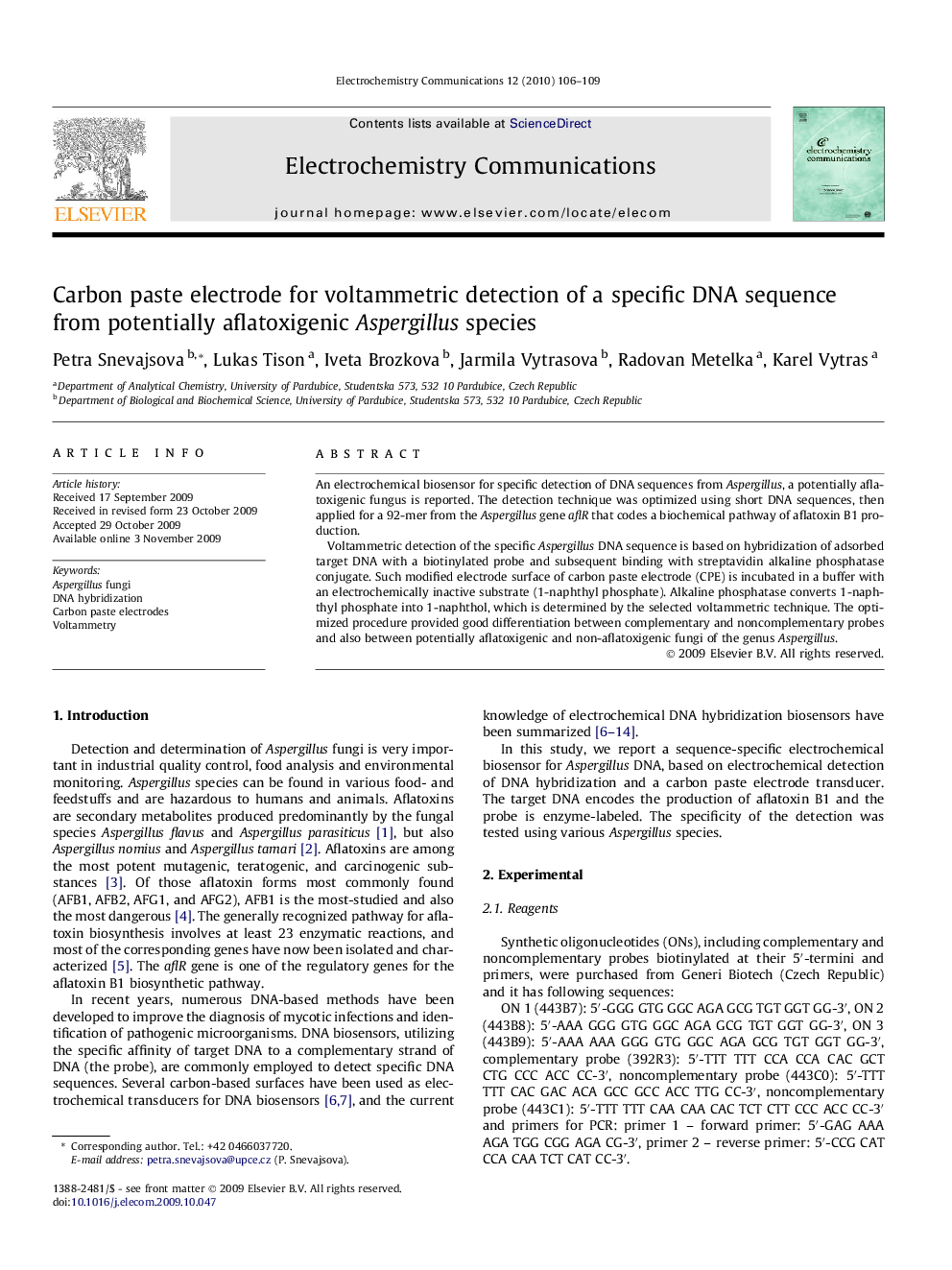 Carbon paste electrode for voltammetric detection of a specific DNA sequence from potentially aflatoxigenic Aspergillus species