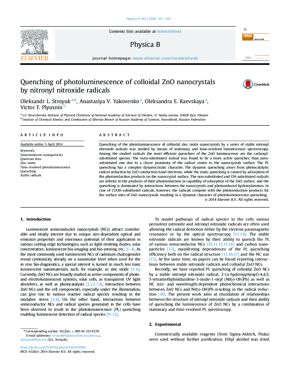 Quenching of photoluminescence of colloidal ZnO nanocrystals by nitronyl nitroxide radicals