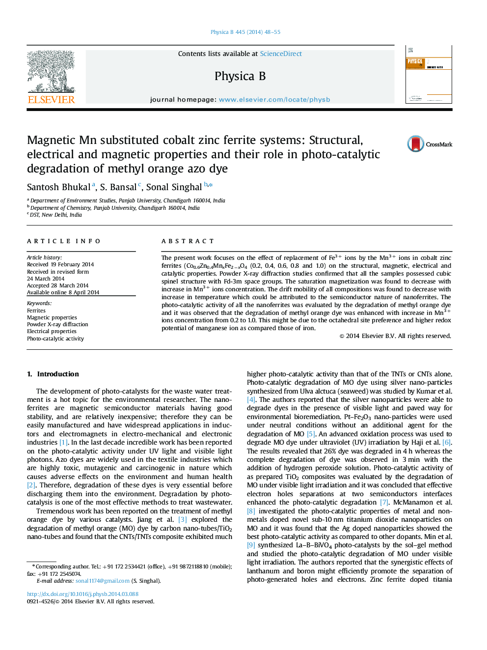 Magnetic Mn substituted cobalt zinc ferrite systems: Structural, electrical and magnetic properties and their role in photo-catalytic degradation of methyl orange azo dye