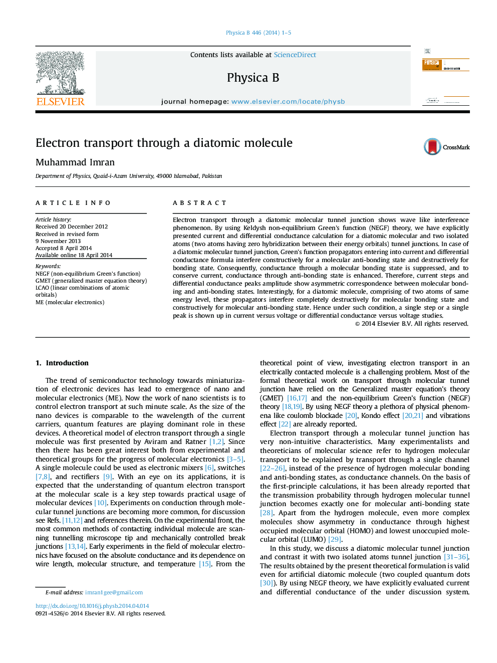 Electron transport through a diatomic molecule