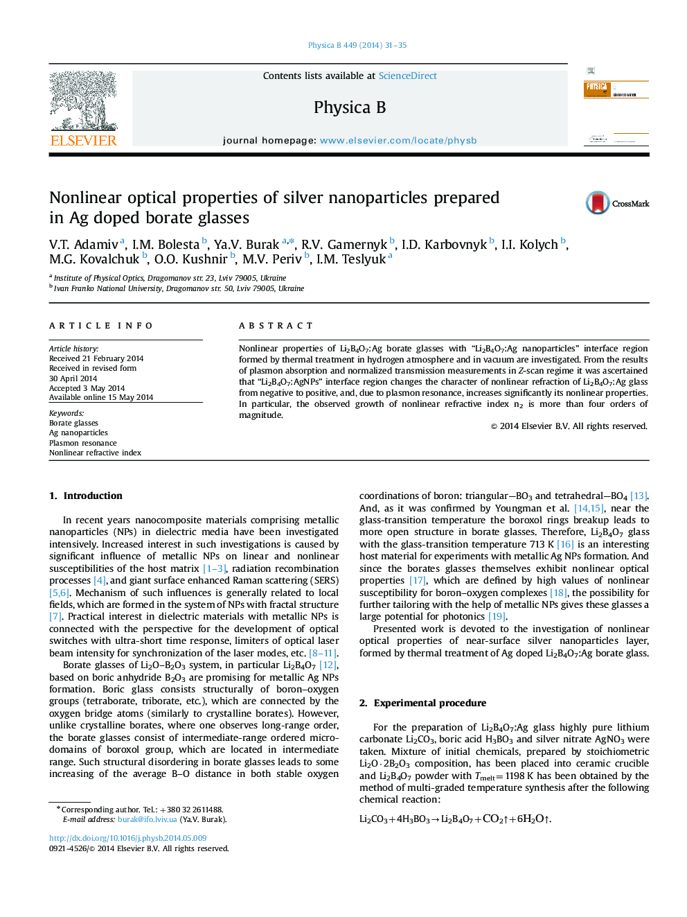 Nonlinear optical properties of silver nanoparticles prepared in Ag doped borate glasses