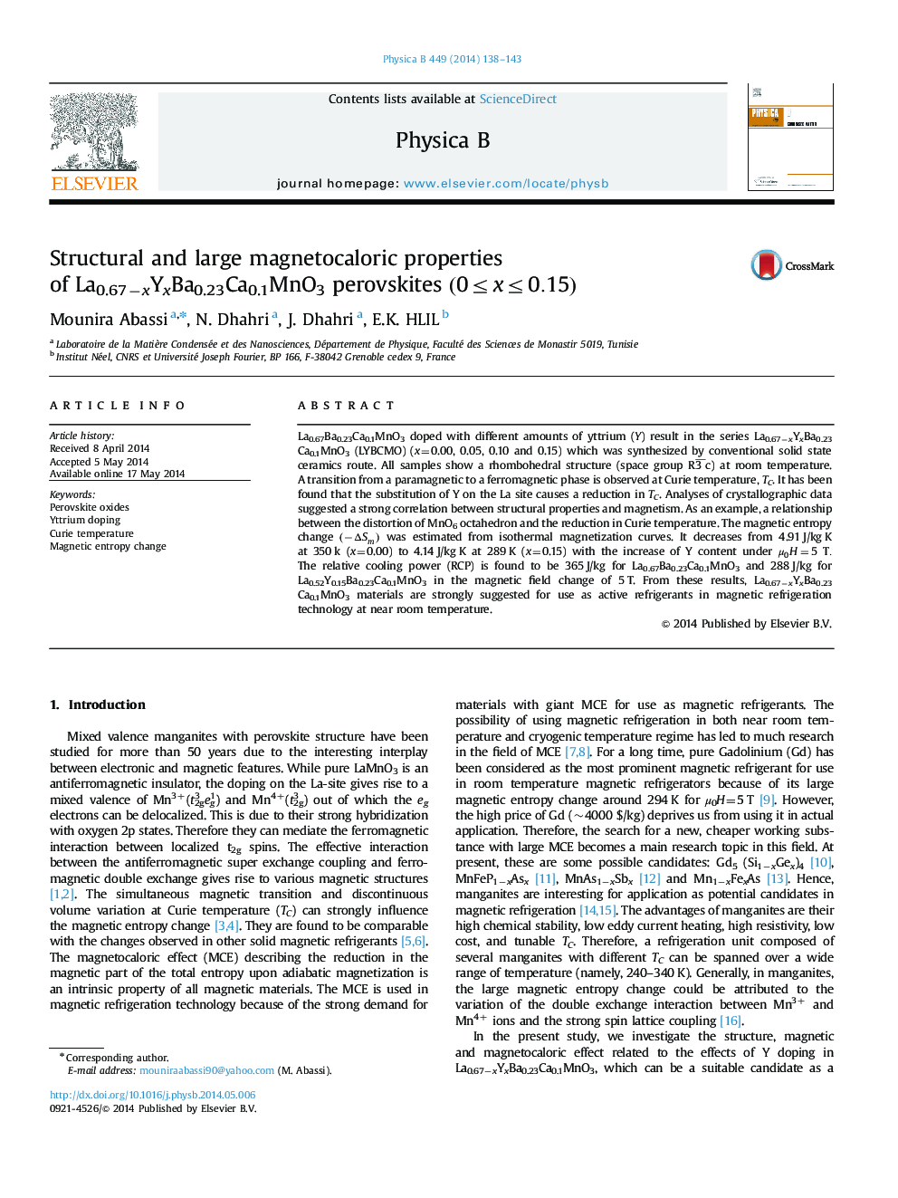 عکس صفحه اول مقاله: Structural and large magnetocaloric properties of La0.67−xYxBa0.23Ca0.1MnO3 perovskites (0≤x≤0.15)(0≤x≤0.15) Structural and large magnetocaloric properties of La0.67−xYxBa0.23Ca0.1MnO3 perovskites (0≤x≤0.15)(0≤x≤0.15)