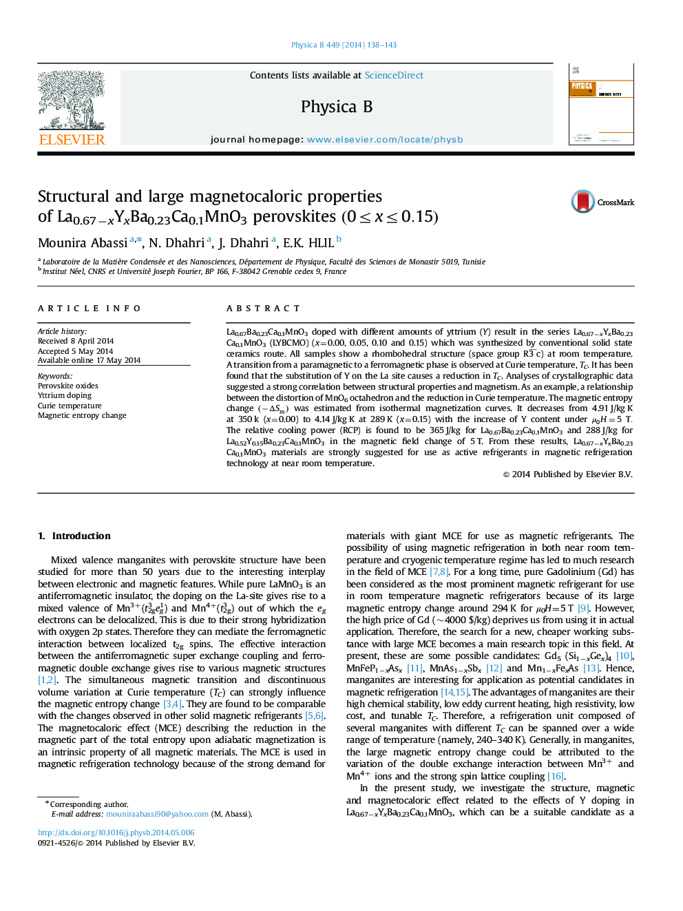 Structural and large magnetocaloric properties of La0.67−xYxBa0.23Ca0.1MnO3 perovskites (0≤x≤0.15)(0≤x≤0.15)