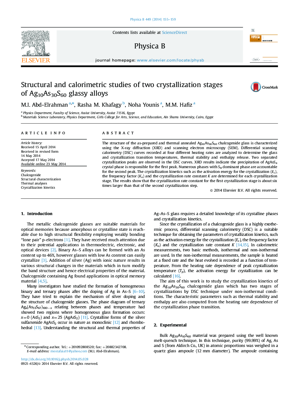 Structural and calorimetric studies of two crystallization stages of Ag10As30S60 glassy alloys