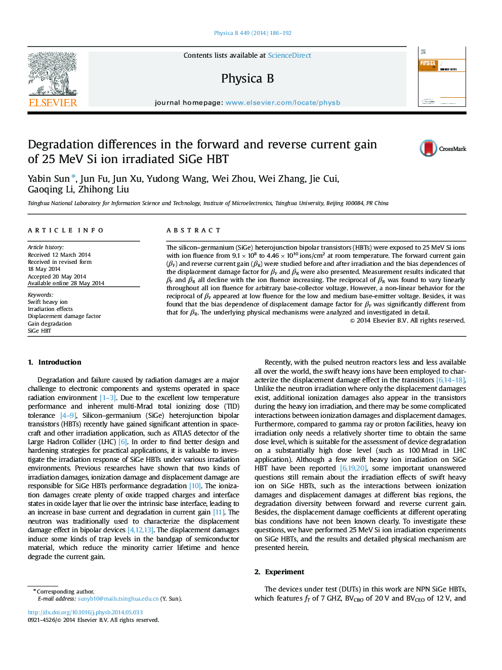 Degradation differences in the forward and reverse current gain of 25 MeV Si ion irradiated SiGe HBT