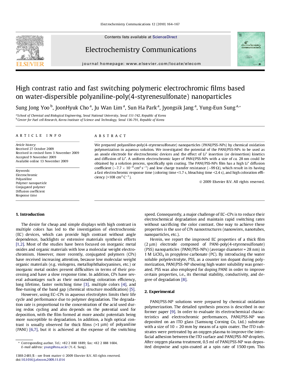 High contrast ratio and fast switching polymeric electrochromic films based on water-dispersible polyaniline-poly(4-styrenesulfonate) nanoparticles