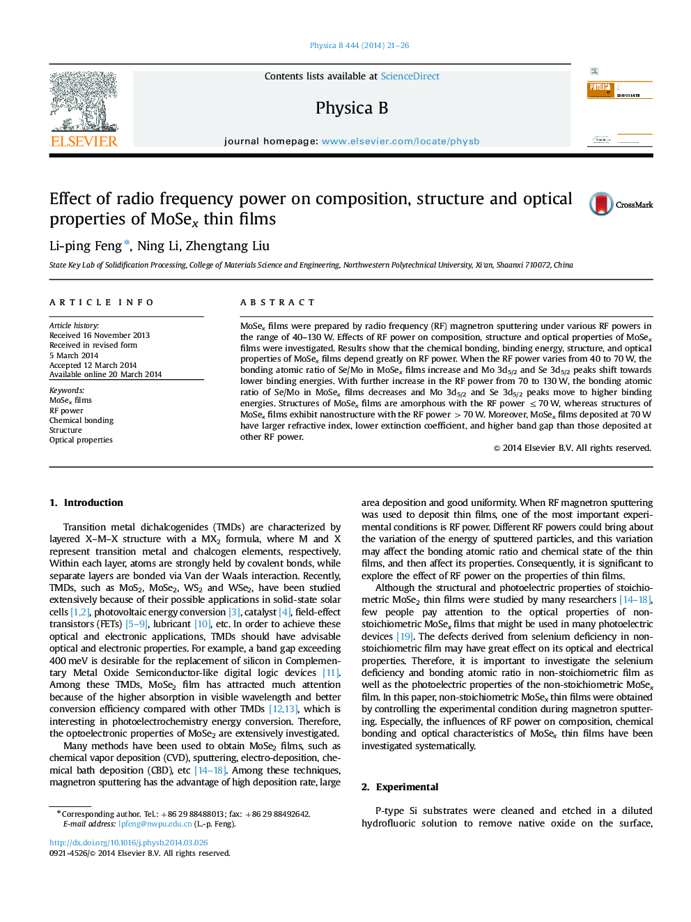 Effect of radio frequency power on composition, structure and optical properties of MoSex thin films