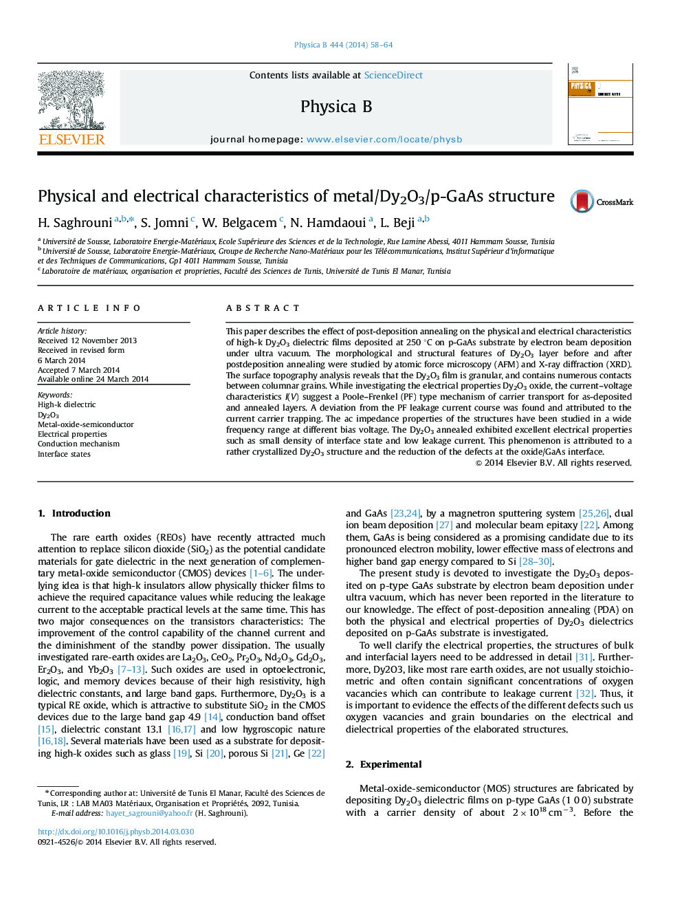 Physical and electrical characteristics of metal/Dy2O3/p-GaAs structure