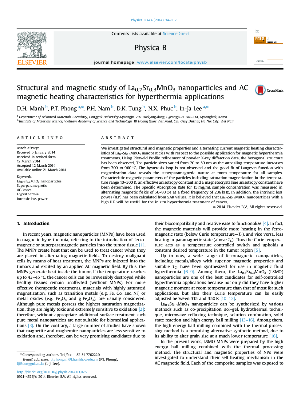 Structural and magnetic study of La0.7Sr0.3MnO3 nanoparticles and AC magnetic heating characteristics for hyperthermia applications