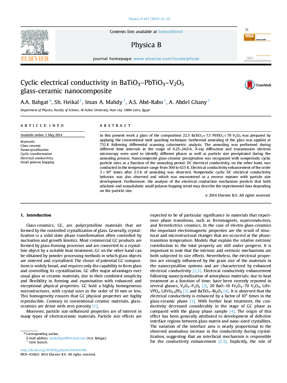 Cyclic electrical conductivity in BaTiO3–PbTiO3–V2O5 glass-ceramic nanocomposite