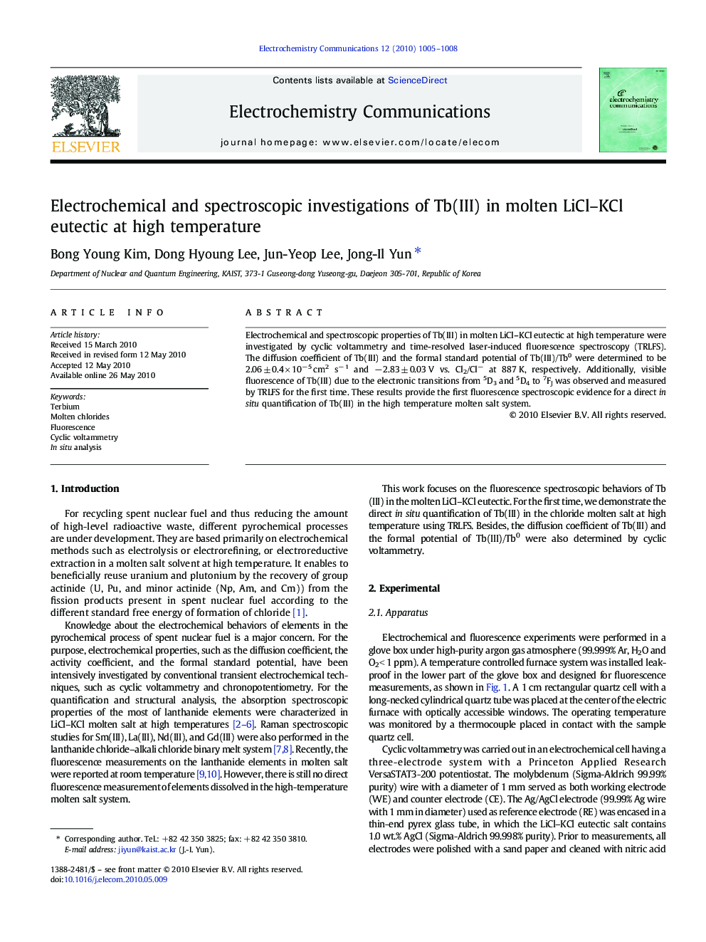 Electrochemical and spectroscopic investigations of Tb(III) in molten LiCl–KCl eutectic at high temperature