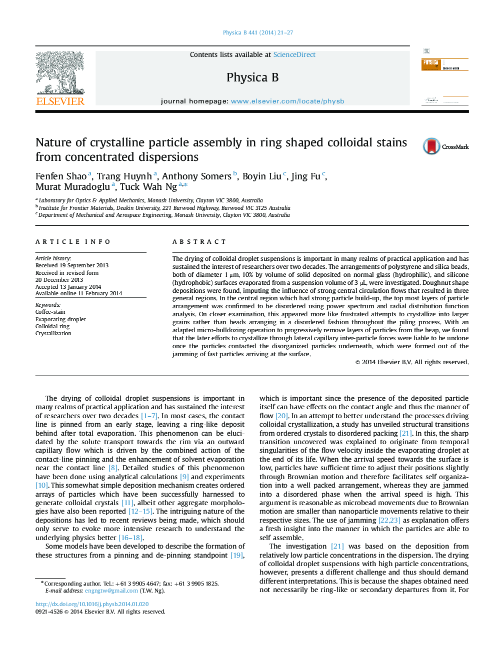 Nature of crystalline particle assembly in ring shaped colloidal stains from concentrated dispersions