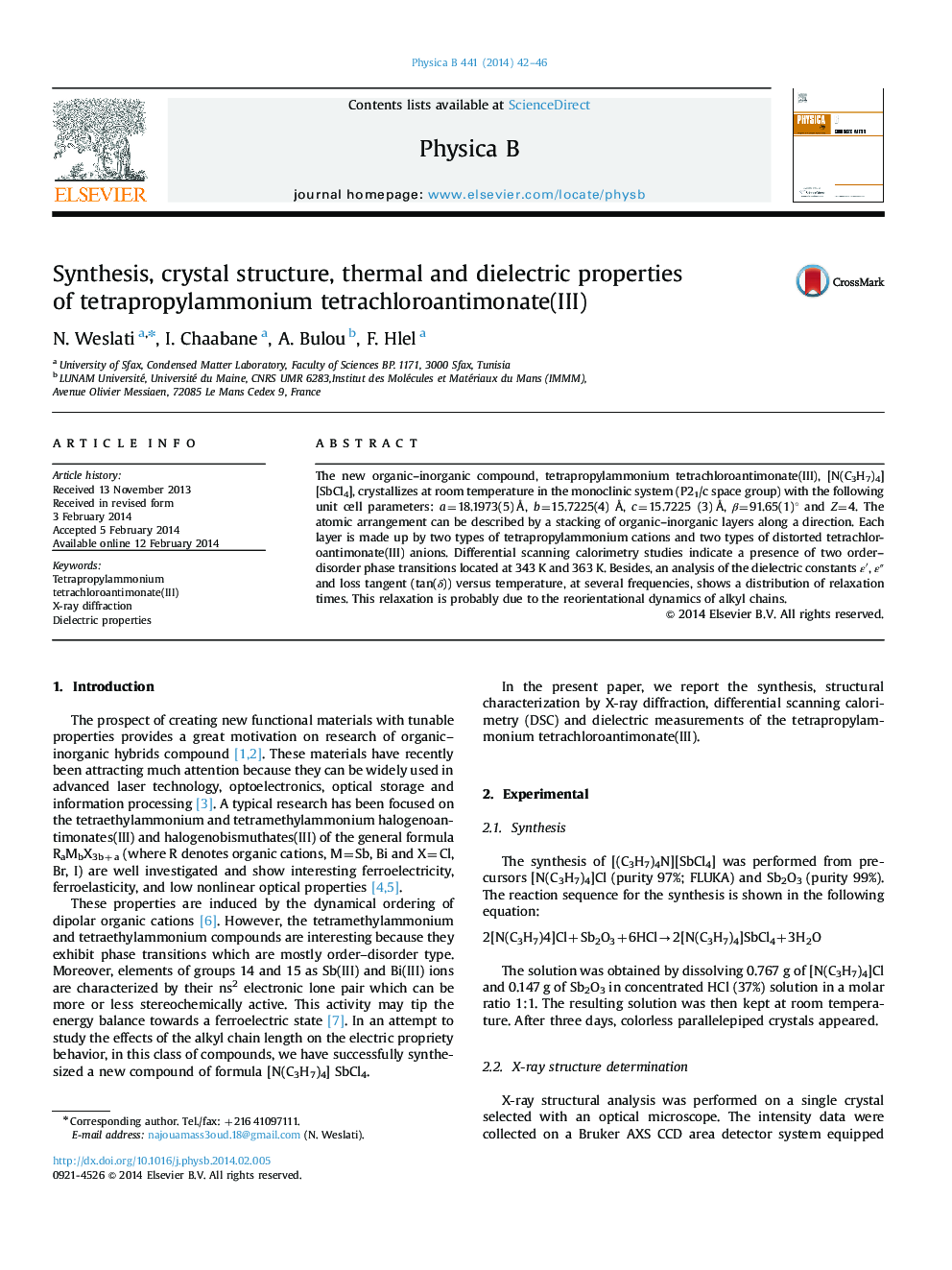 عکس صفحه اول مقاله: Synthesis, crystal structure, thermal and dielectric properties of tetrapropylammonium tetrachloroantimonate(III) Synthesis, crystal structure, thermal and dielectric properties of tetrapropylammonium tetrachloroantimonate(III)