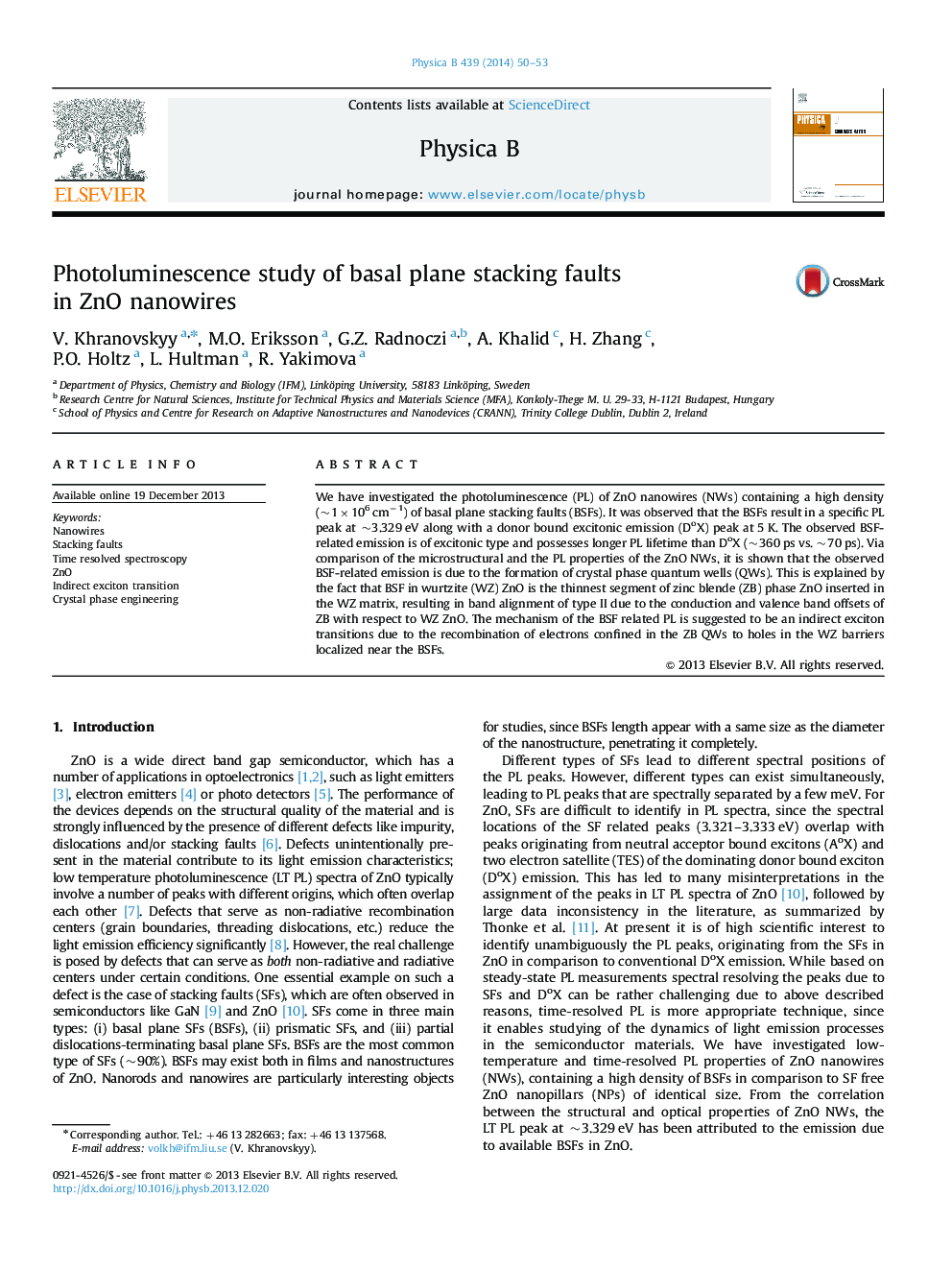 Photoluminescence study of basal plane stacking faults in ZnO nanowires