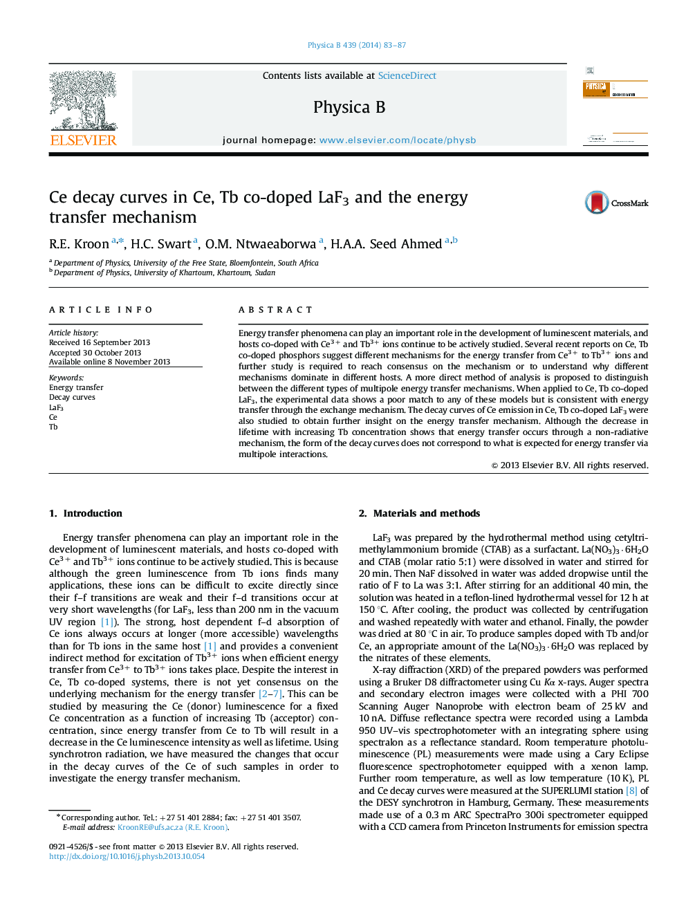 Ce decay curves in Ce, Tb co-doped LaF3 and the energy transfer mechanism