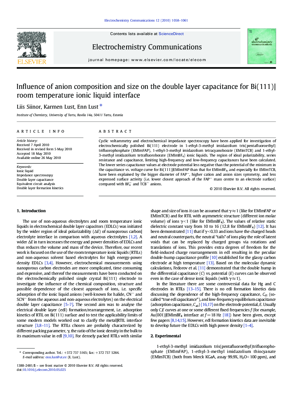 Influence of anion composition and size on the double layer capacitance for Bi(111)|room temperature ionic liquid interface