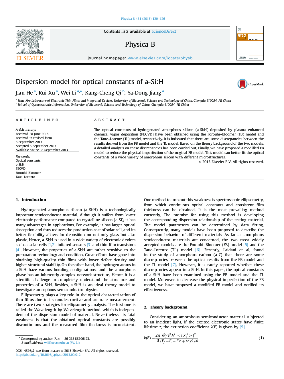 Dispersion model for optical constants of a-Si:H