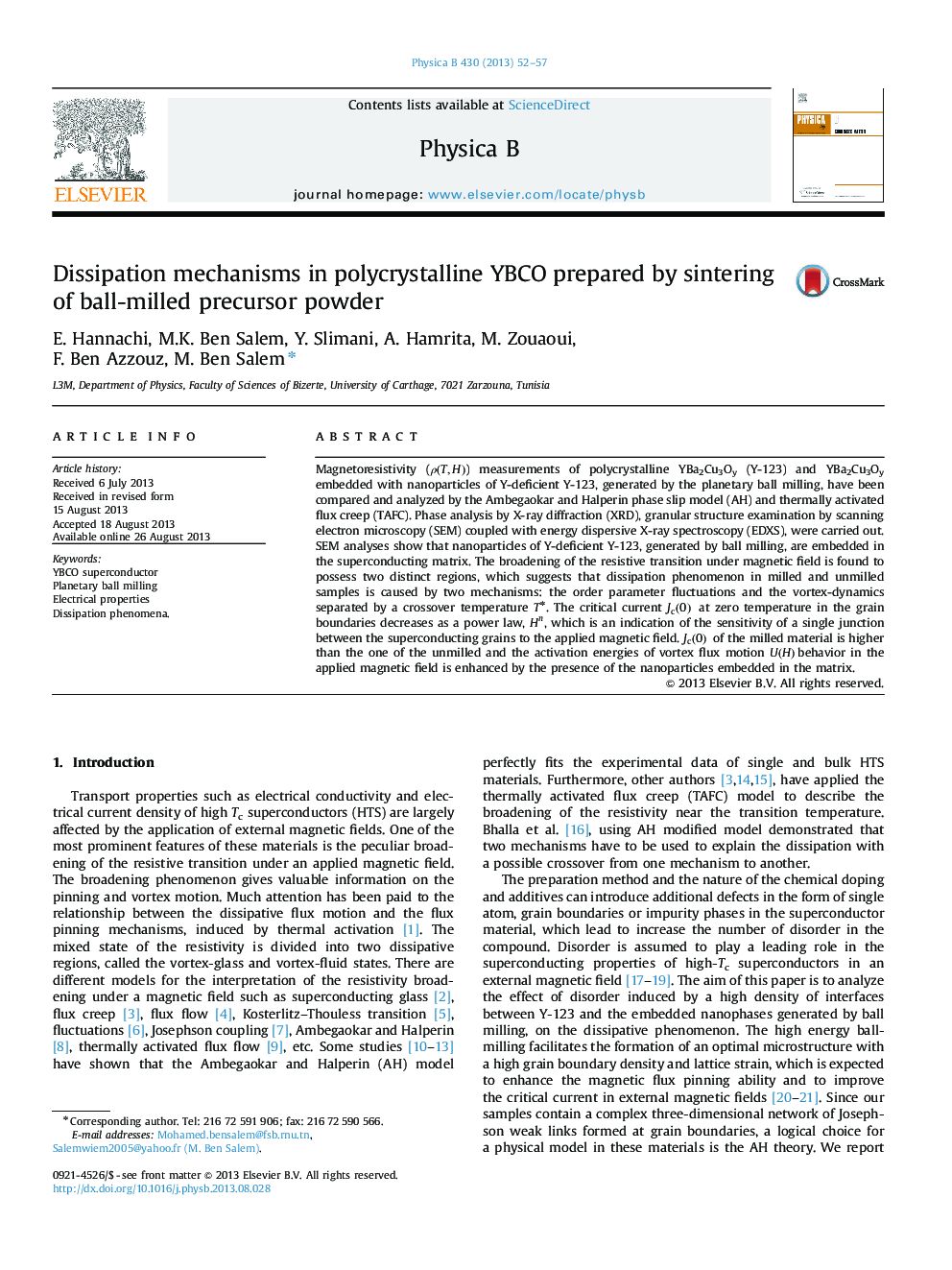 Dissipation mechanisms in polycrystalline YBCO prepared by sintering of ball-milled precursor powder