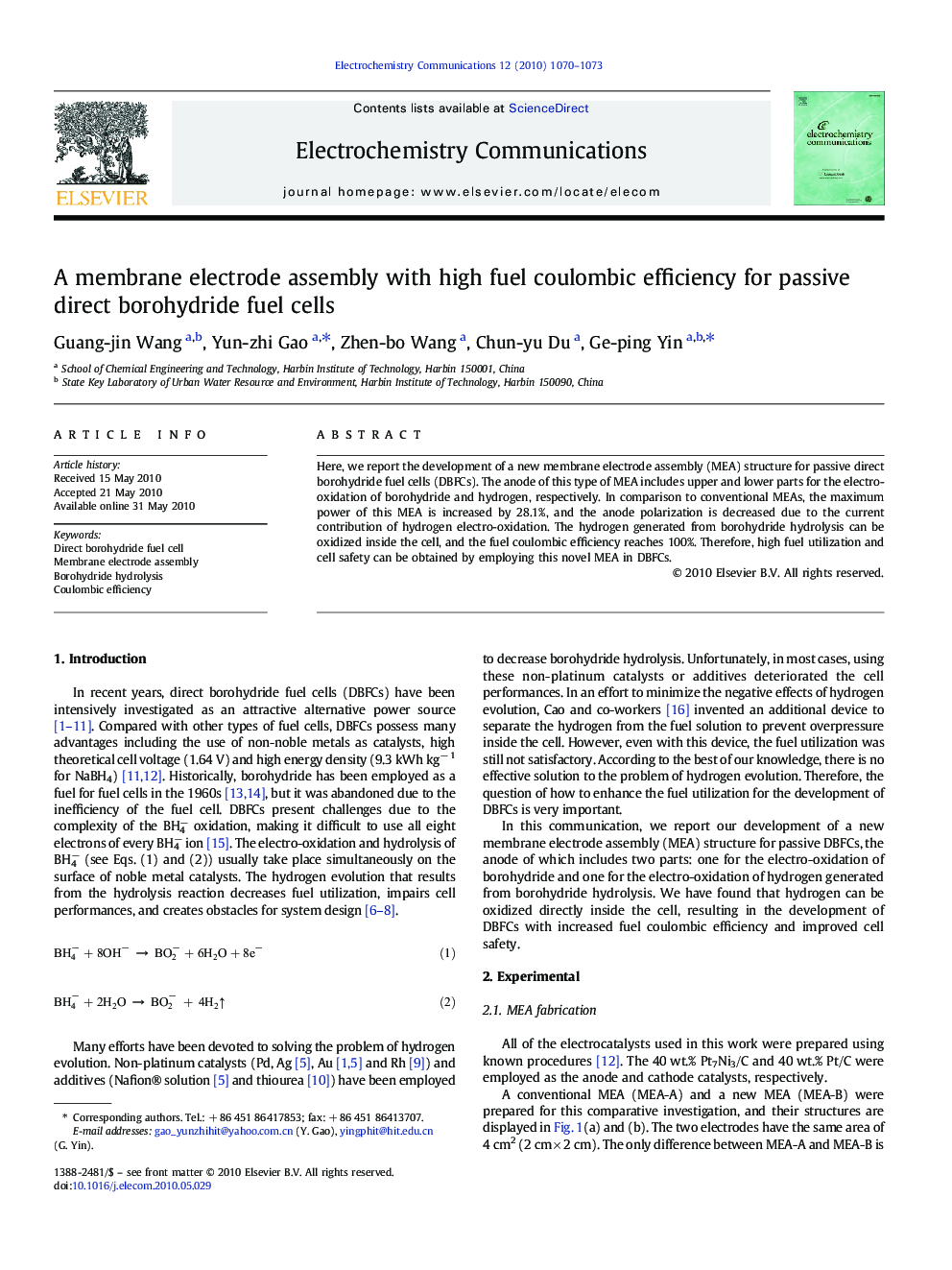 A membrane electrode assembly with high fuel coulombic efficiency for passive direct borohydride fuel cells