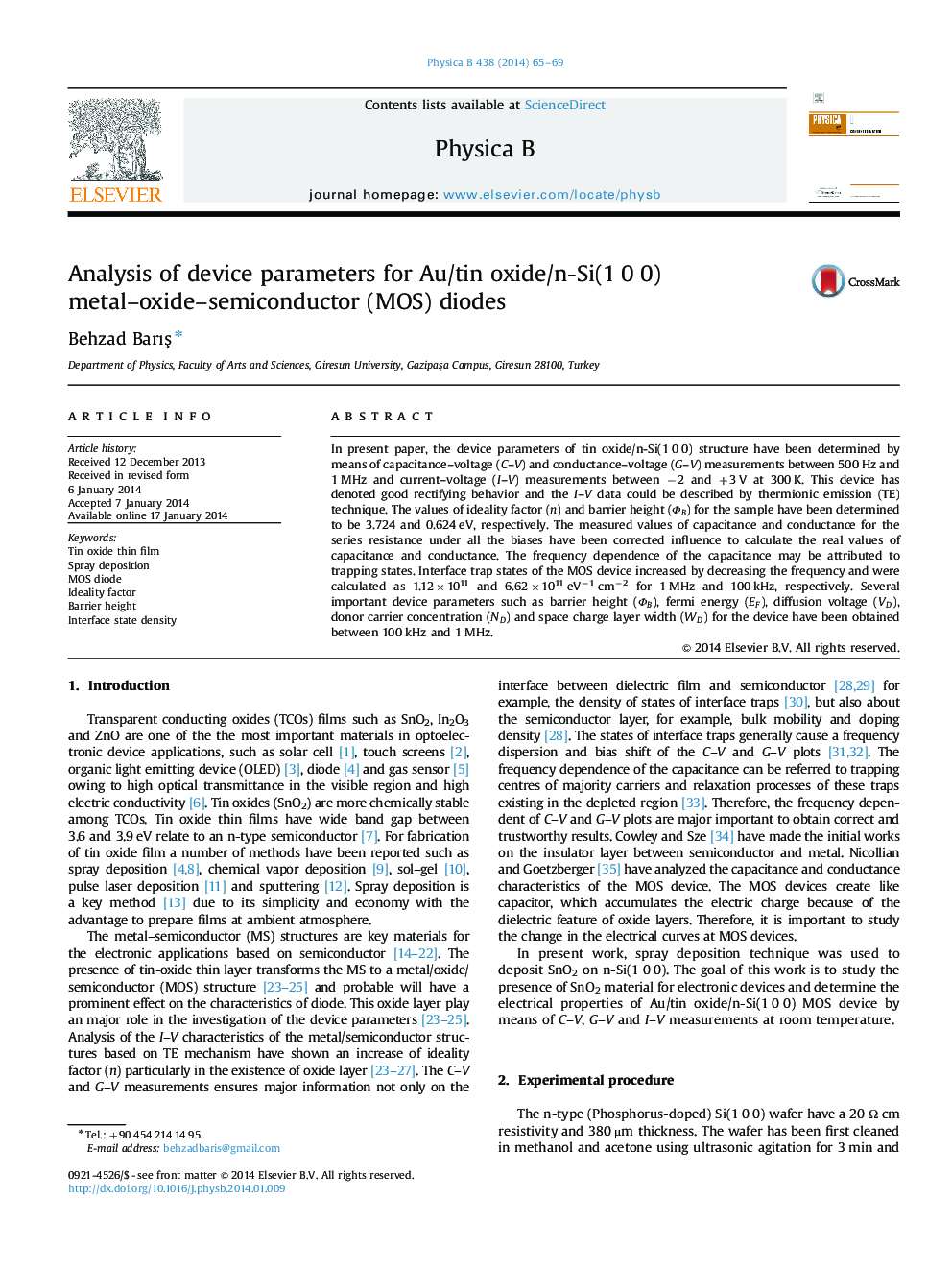 Analysis of device parameters for Au/tin oxide/n-Si(1 0 0) metal–oxide–semiconductor (MOS) diodes