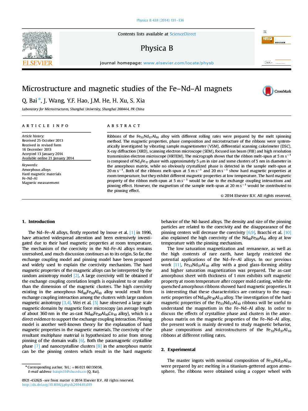 Microstructure and magnetic studies of the Fe–Nd–Al magnets