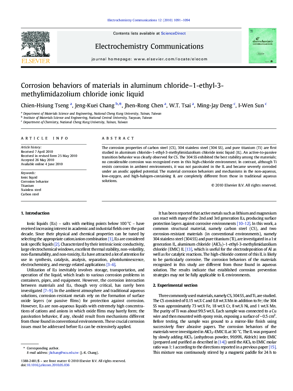 Corrosion behaviors of materials in aluminum chloride–1-ethyl-3-methylimidazolium chloride ionic liquid