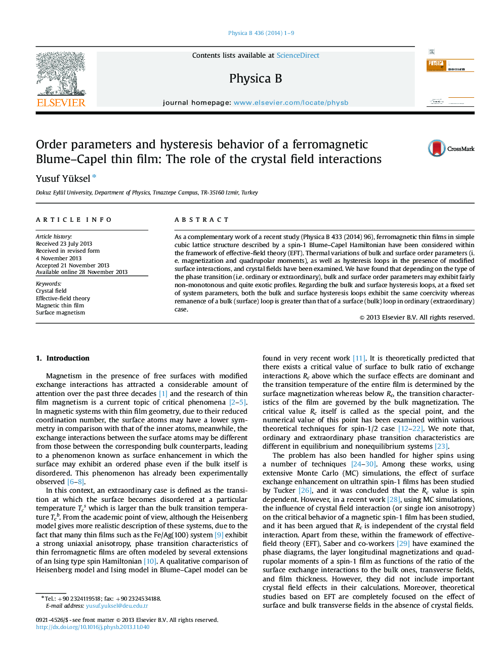 Order parameters and hysteresis behavior of a ferromagnetic Blume–Capel thin film: The role of the crystal field interactions