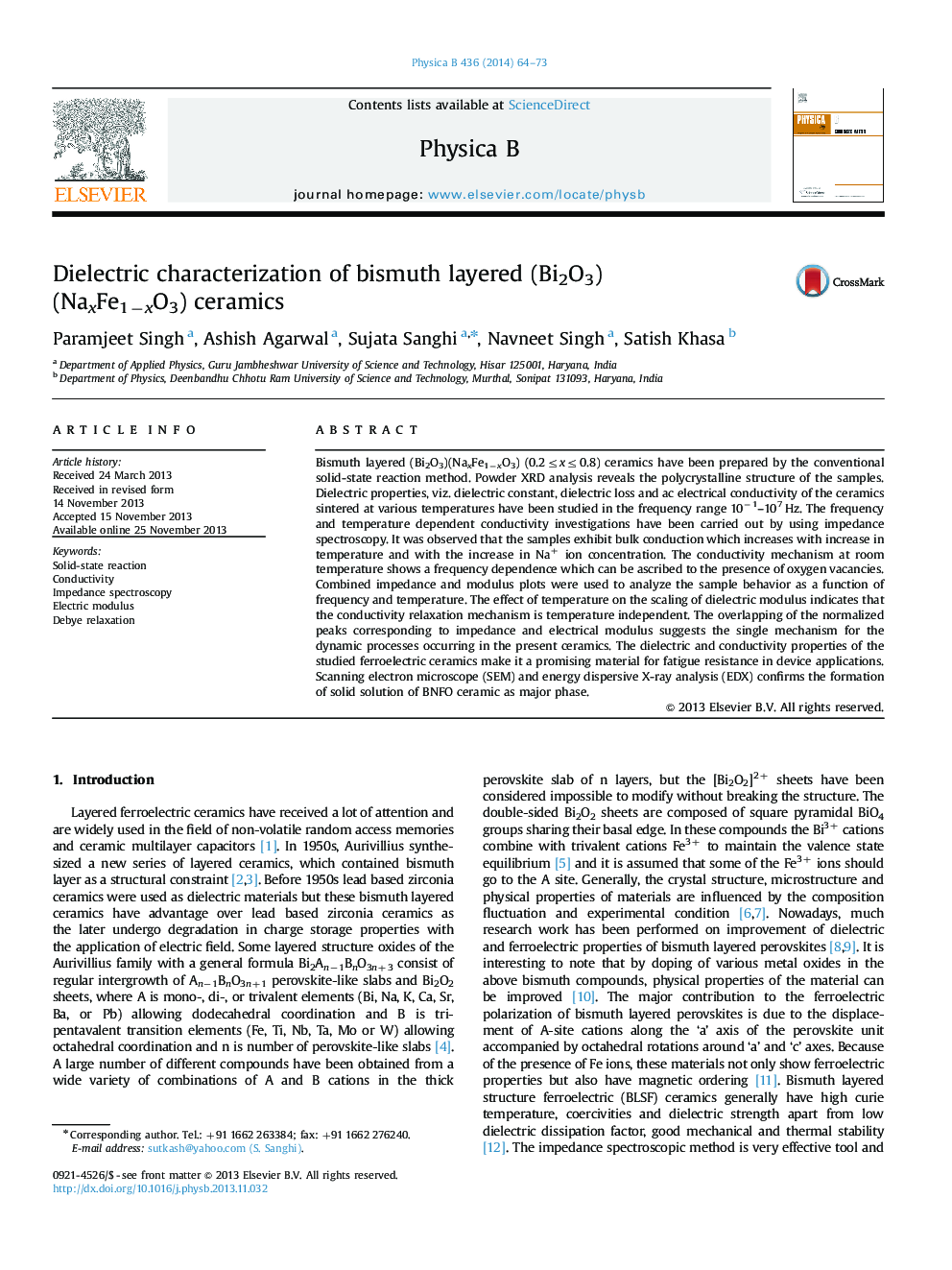 Dielectric characterization of bismuth layered (Bi2O3)(NaxFe1−xO3) ceramics