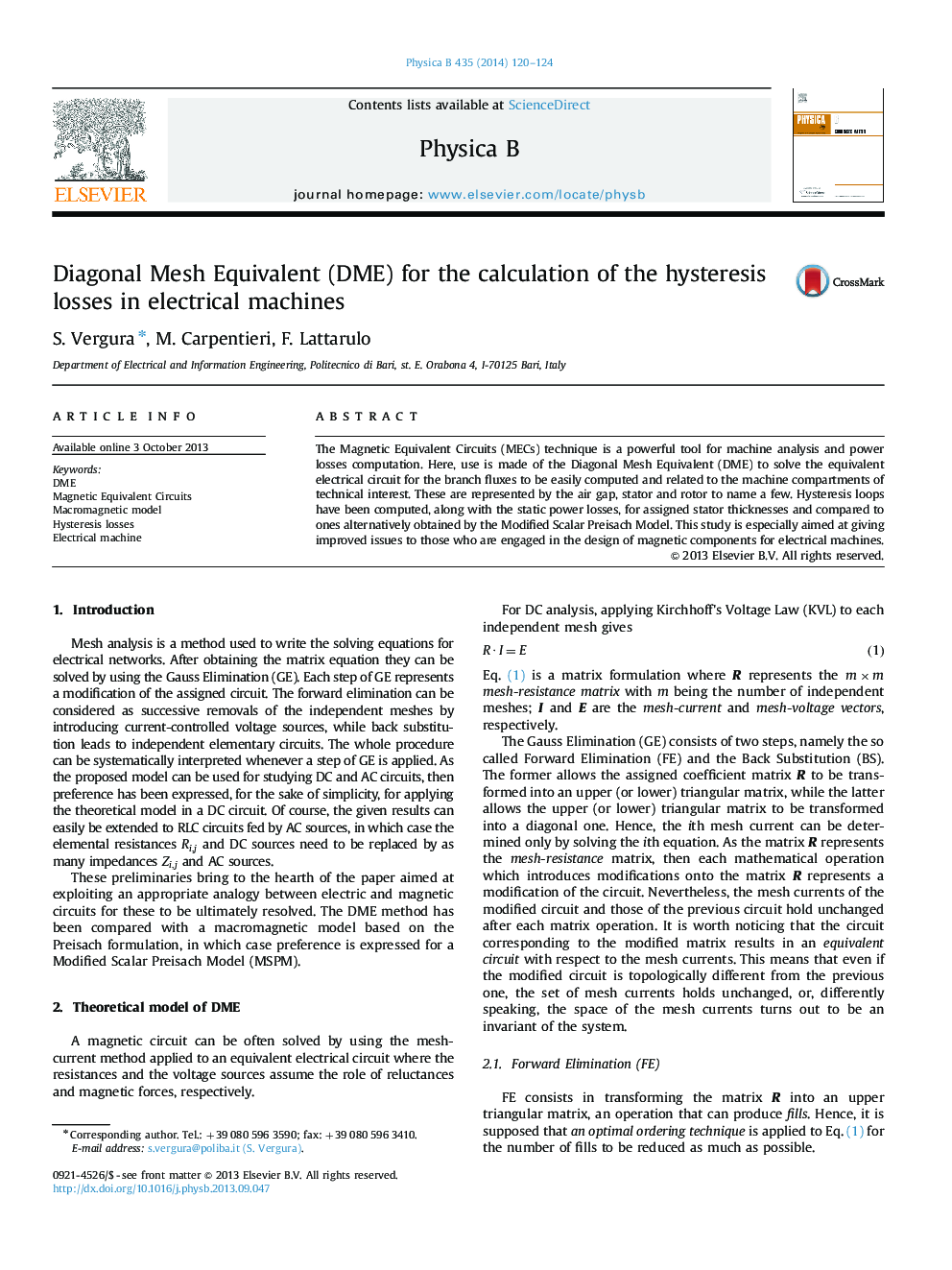 Diagonal Mesh Equivalent (DME) for the calculation of the hysteresis losses in electrical machines