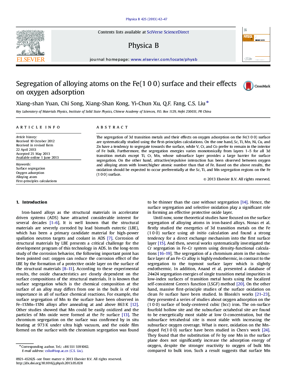 Segregation of alloying atoms on the Fe(1Â 0Â 0) surface and their effects on oxygen adsorption