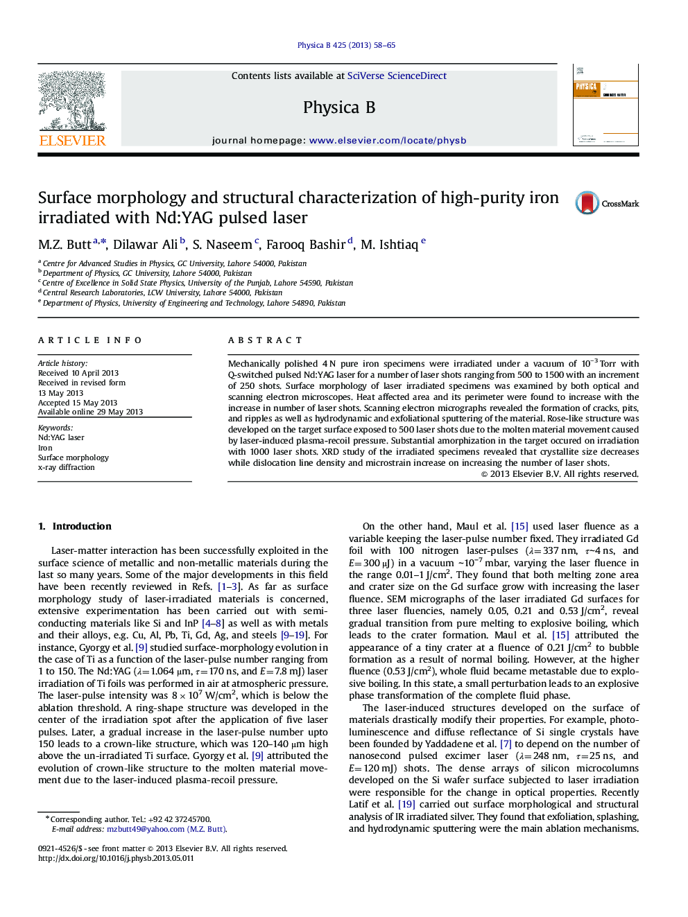 Surface morphology and structural characterization of high-purity iron irradiated with Nd:YAG pulsed laser