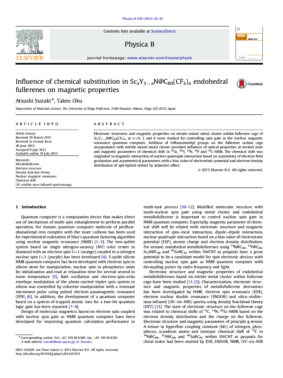 Influence of chemical substitution in ScxY3−xN@C80(CF3)n endohedral fullerenes on magnetic properties