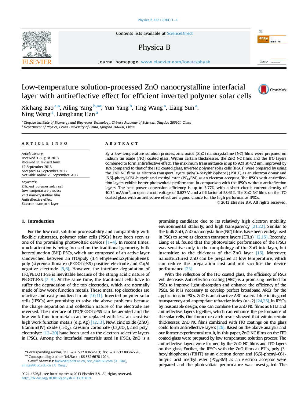 Low-temperature solution-processed ZnO nanocrystalline interfacial layer with antireflective effect for efficient inverted polymer solar cells