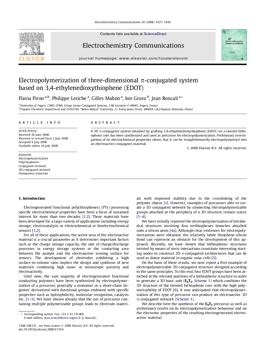 Electropolymerization of three-dimensional π-conjugated system based on 3,4-ethylenedioxythiophene (EDOT)