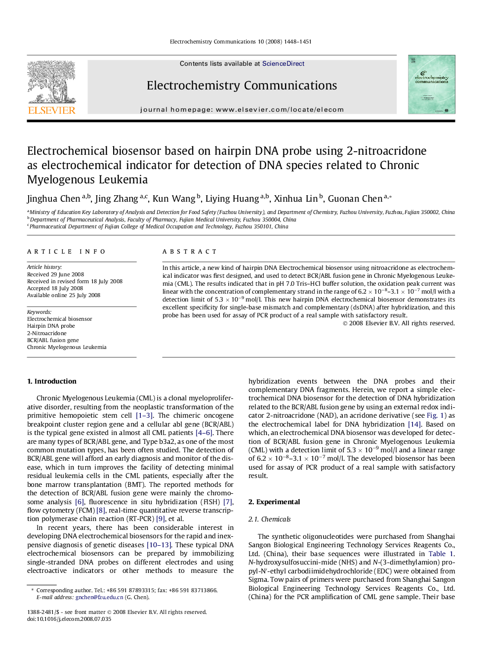 Electrochemical biosensor based on hairpin DNA probe using 2-nitroacridone as electrochemical indicator for detection of DNA species related to Chronic Myelogenous Leukemia