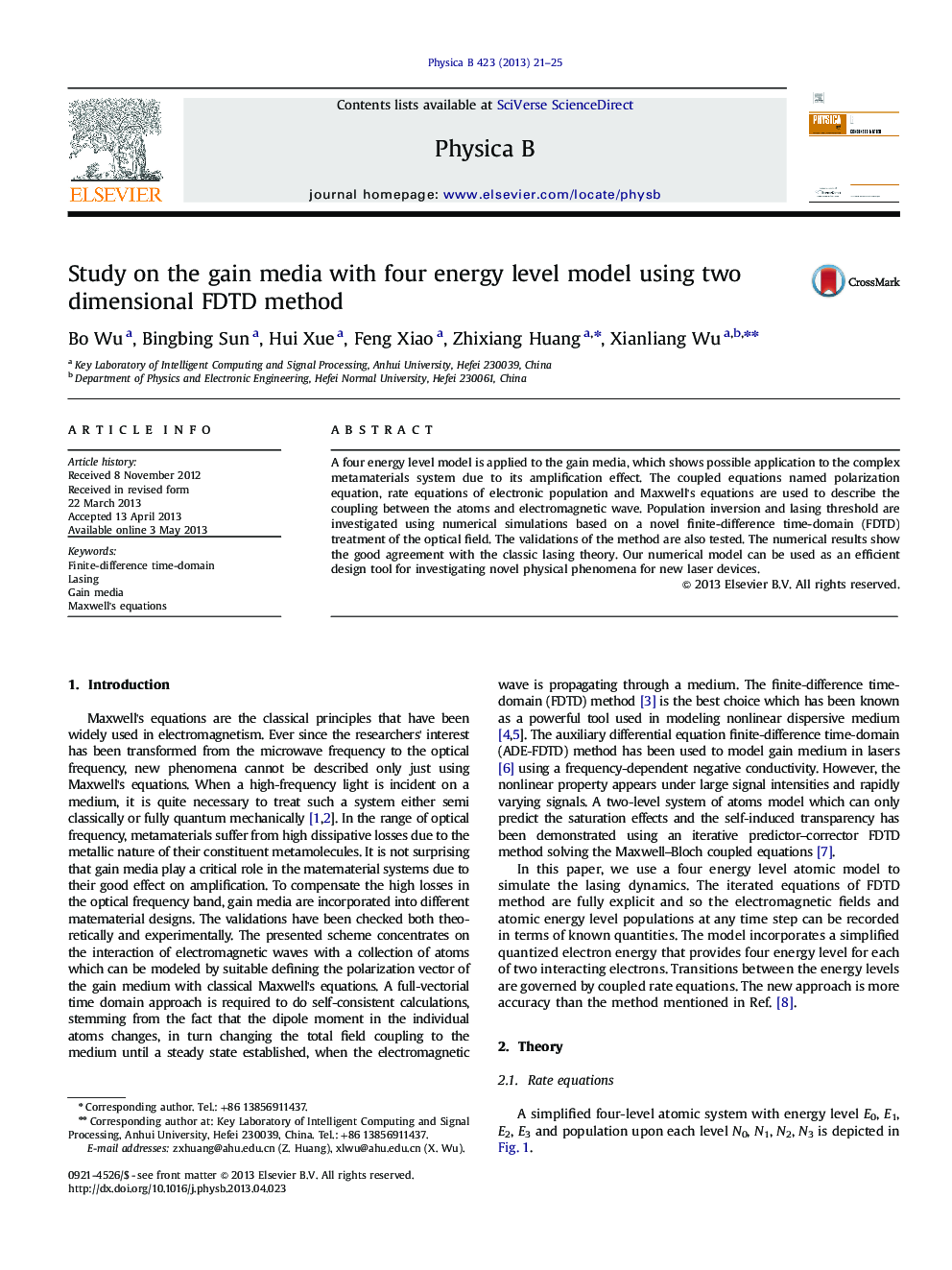 Study on the gain media with four energy level model using two dimensional FDTD method