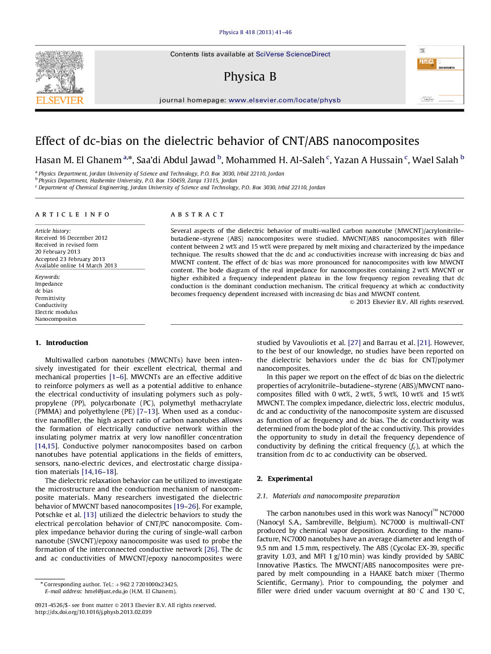 Effect of dc-bias on the dielectric behavior of CNT/ABS nanocomposites