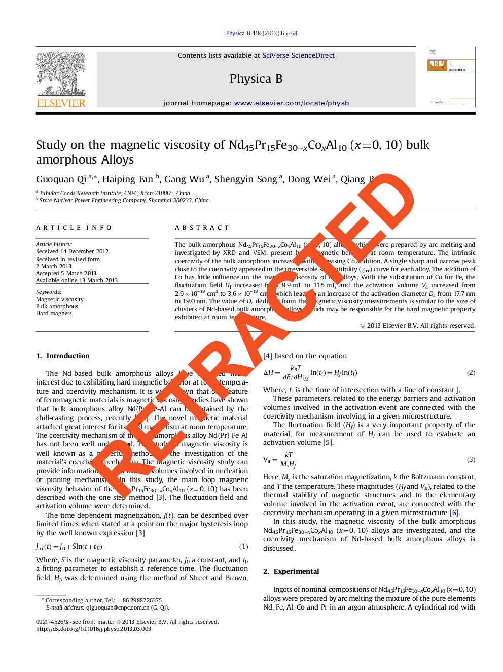 RETRACTED: Study on the magnetic viscosity of Nd45Pr15Fe30−xCoxAl10 (x=0, 10) bulk amorphous Alloys