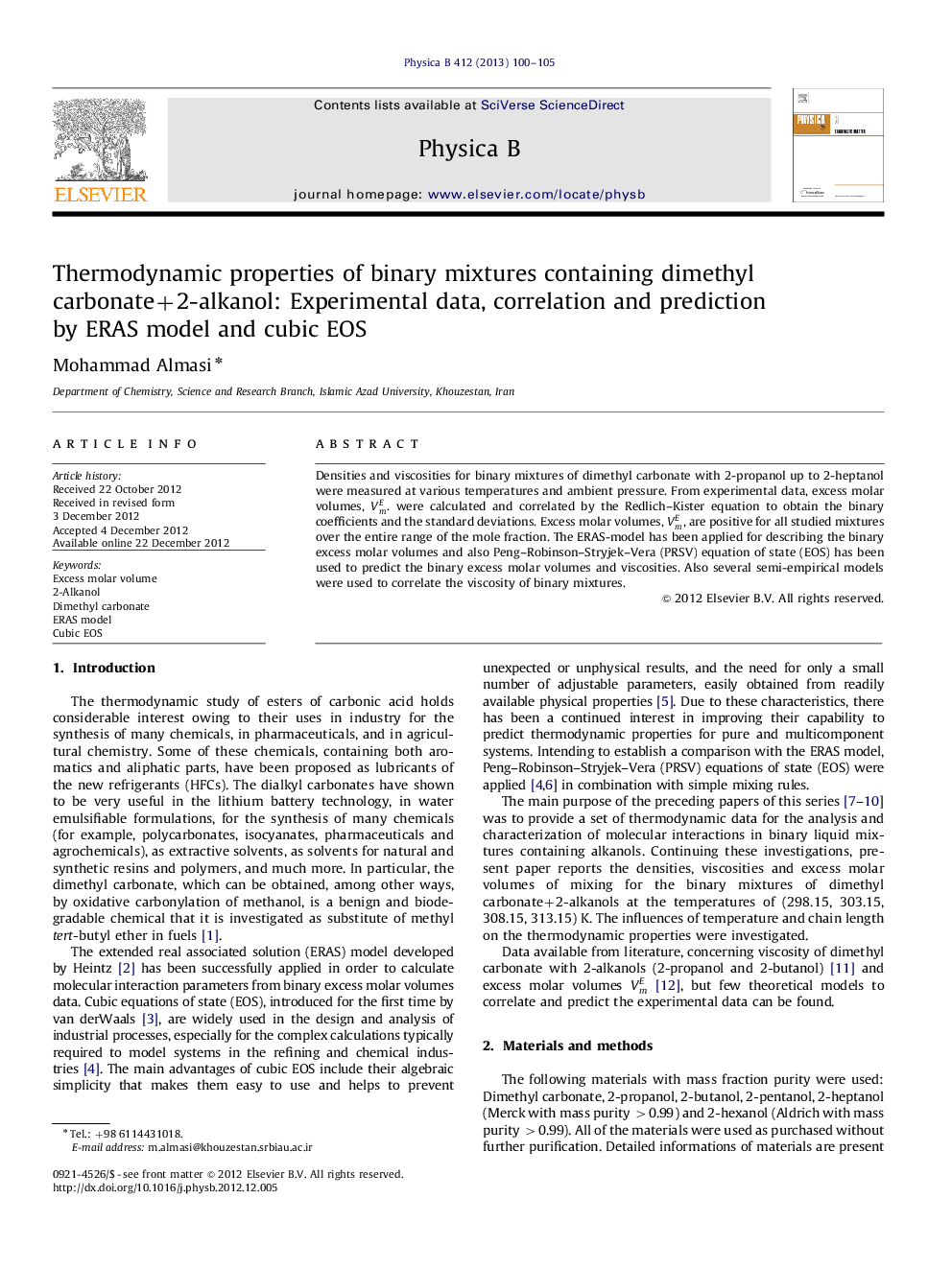 Thermodynamic properties of binary mixtures containing dimethyl carbonate+2-alkanol: Experimental data, correlation and prediction by ERAS model and cubic EOS