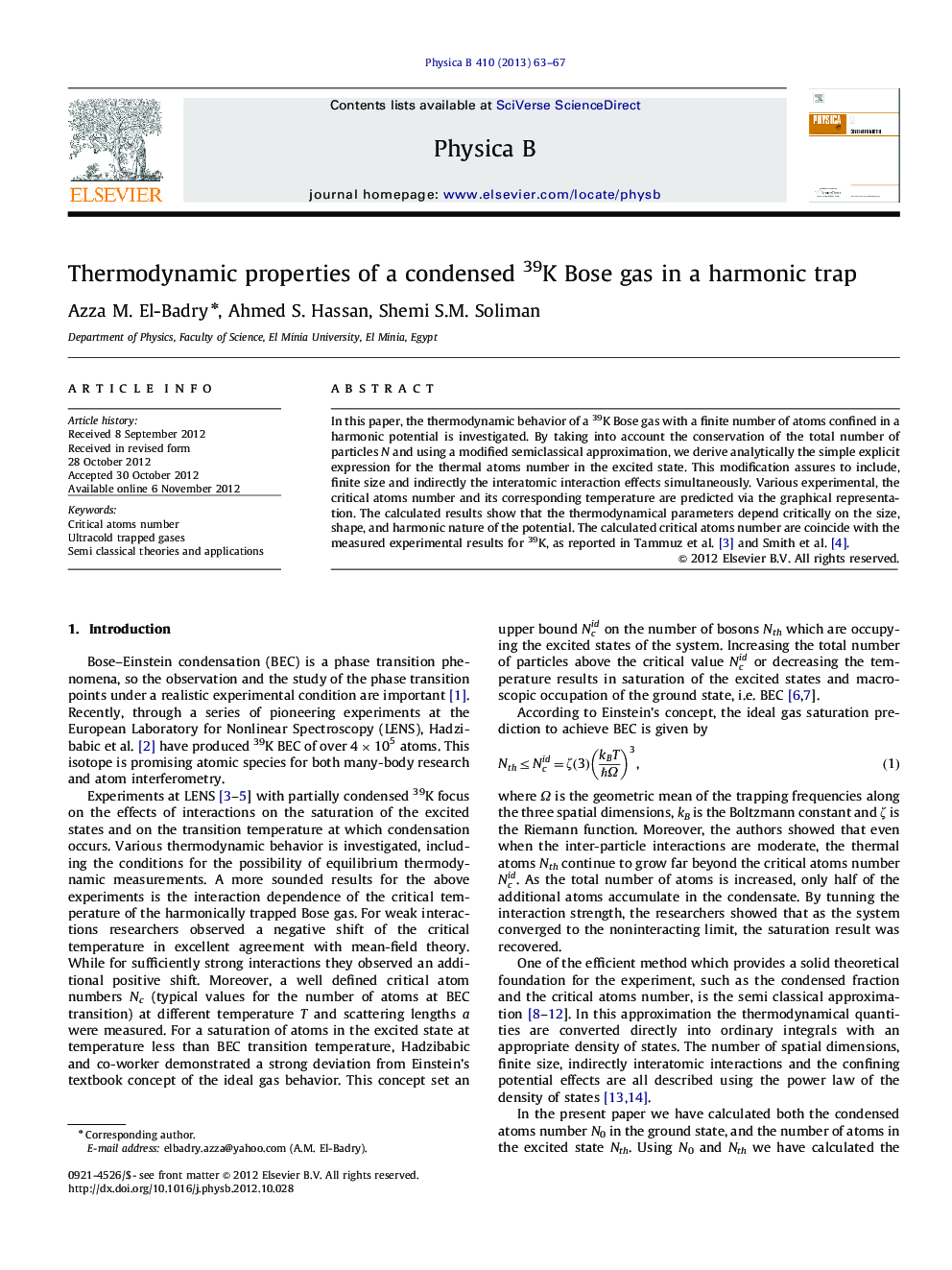 عکس صفحه اول مقاله: Thermodynamic properties of a condensed 39K Bose gas in a harmonic trap Thermodynamic properties of a condensed 39K Bose gas in a harmonic trap