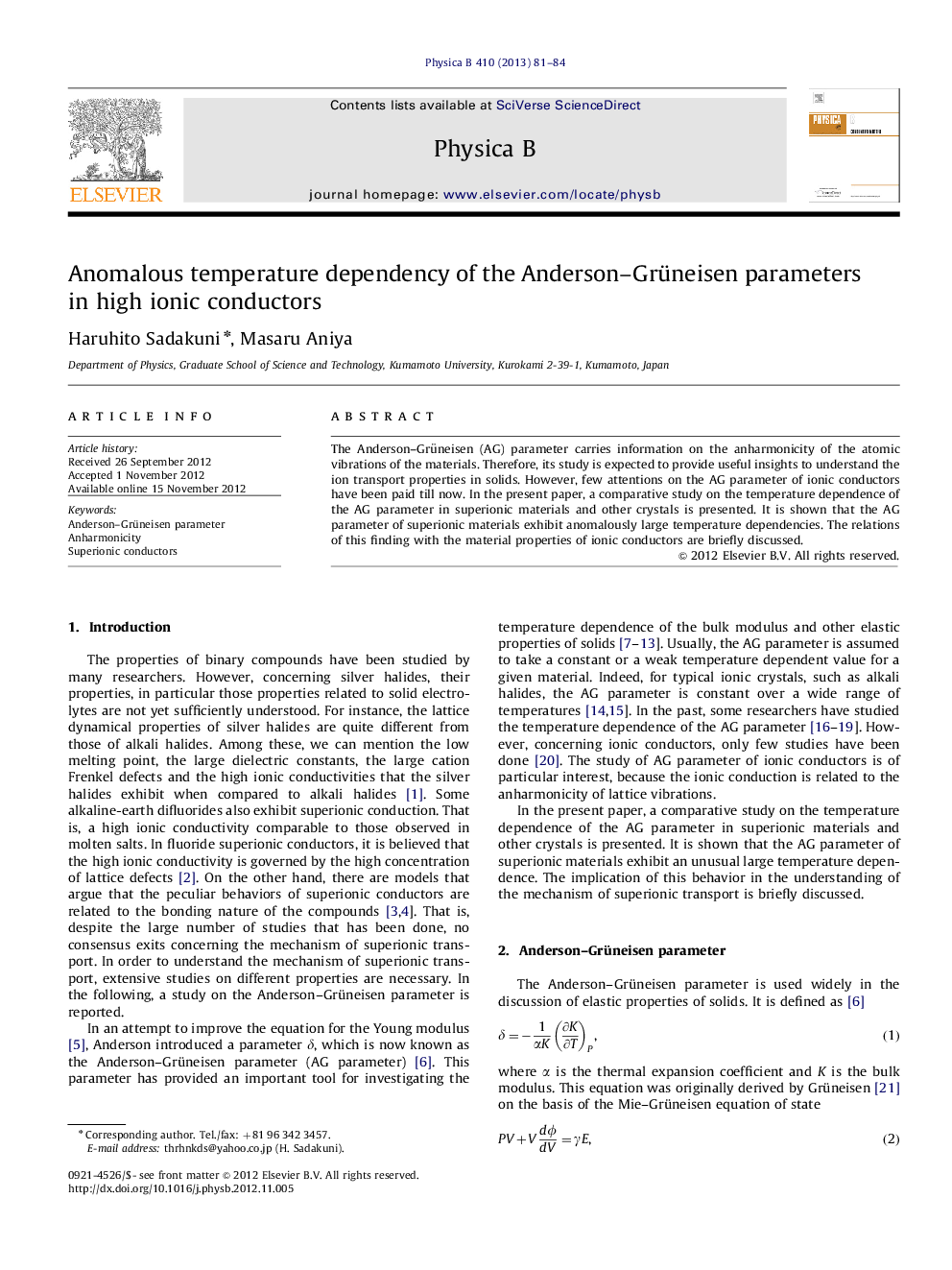 Anomalous temperature dependency of the Anderson–Grüneisen parameters in high ionic conductors