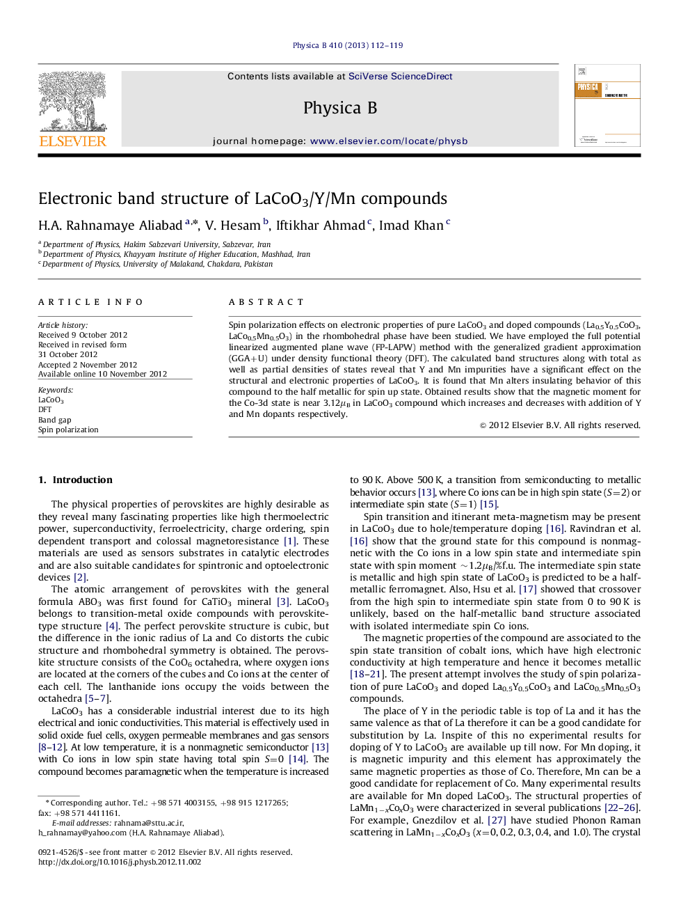 Electronic band structure of LaCoO3/Y/Mn compounds