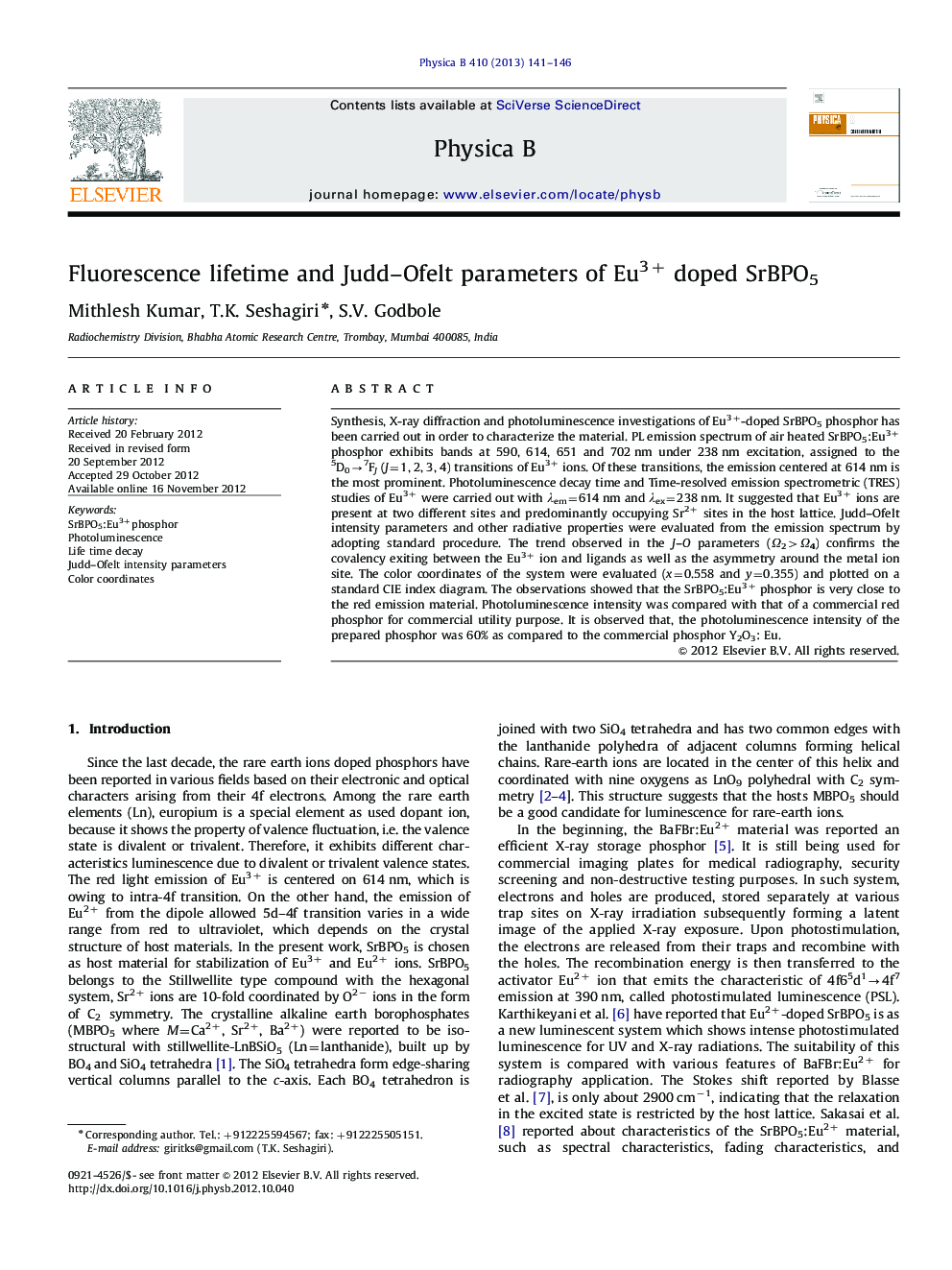 Fluorescence lifetime and Judd–Ofelt parameters of Eu3+ doped SrBPO5