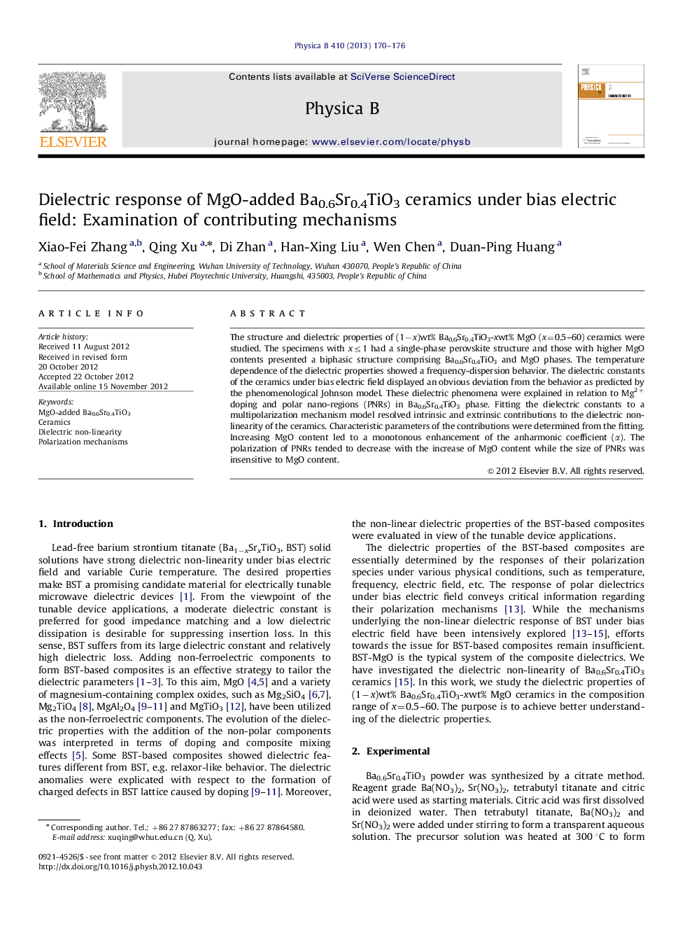 عکس صفحه اول مقاله: Dielectric response of MgO-added Ba0.6Sr0.4TiO3 ceramics under bias electric field: Examination of contributing mechanisms Dielectric response of MgO-added Ba0.6Sr0.4TiO3 ceramics under bias electric field: Examination of contributing mechanisms