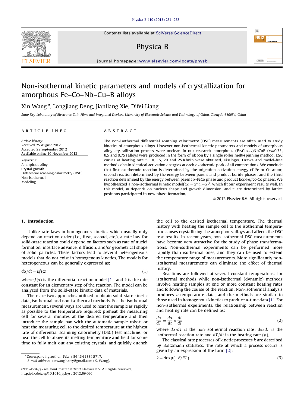 Non-isothermal kinetic parameters and models of crystallization for amorphous Fe–Co–Nb–Cu–B alloys