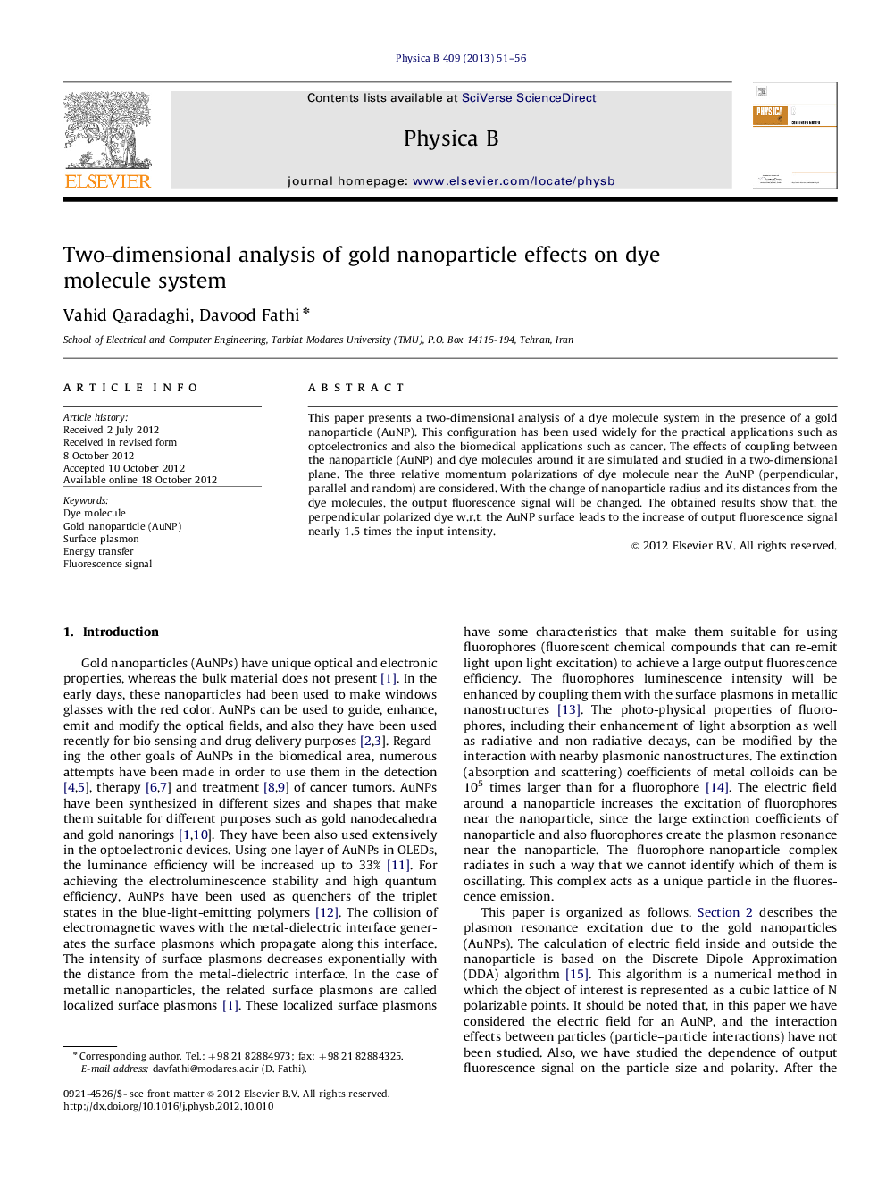 Two-dimensional analysis of gold nanoparticle effects on dye molecule system