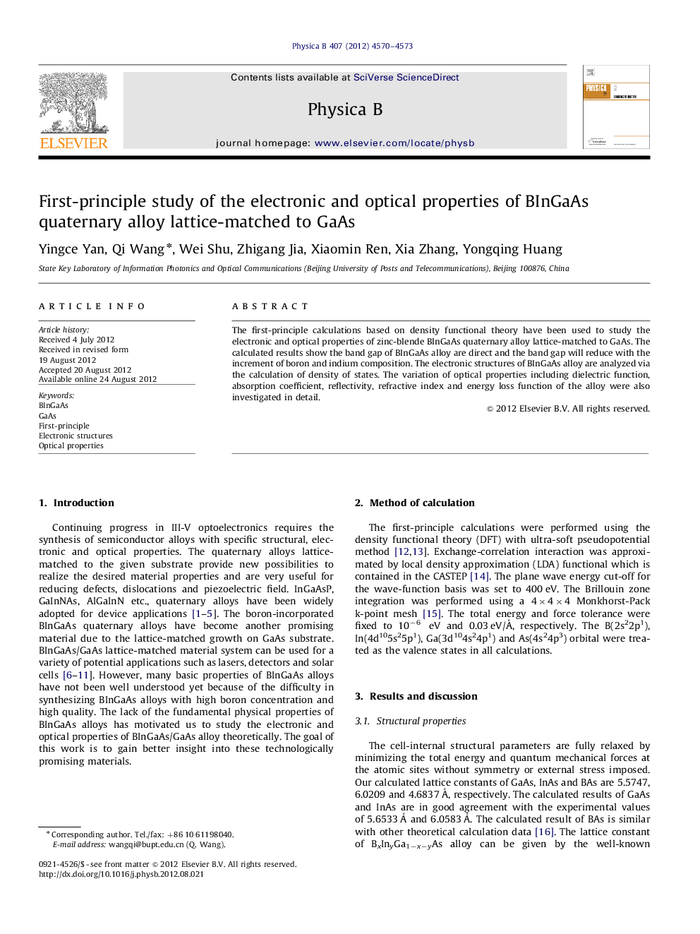 First-principle study of the electronic and optical properties of BInGaAs quaternary alloy lattice-matched to GaAs