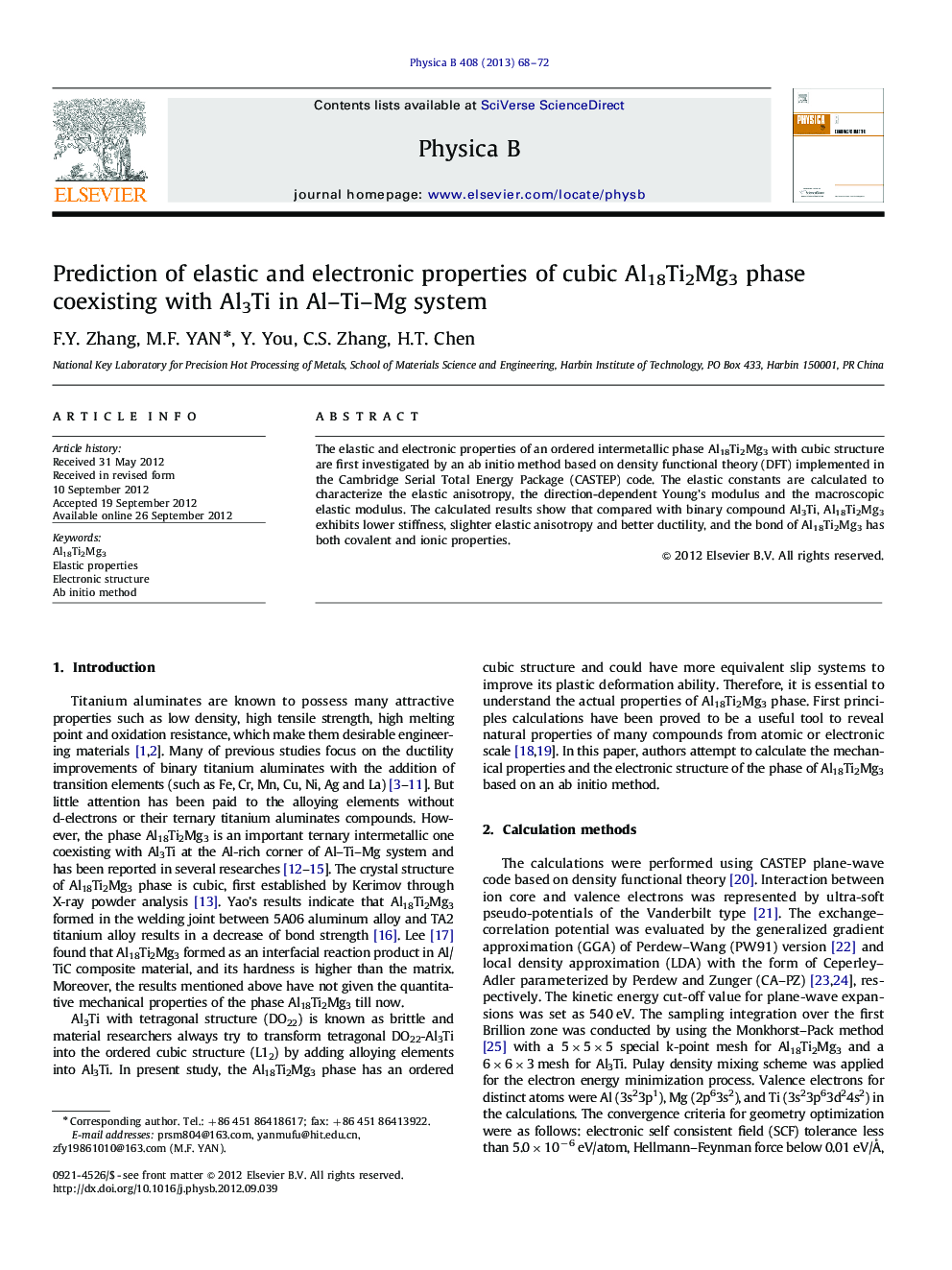 Prediction of elastic and electronic properties of cubic Al18Ti2Mg3 phase coexisting with Al3Ti in Al–Ti–Mg system